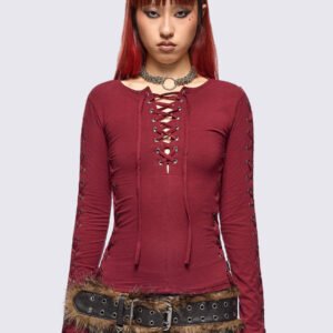 import placeholder for khaela burgundy lace up top 29938201